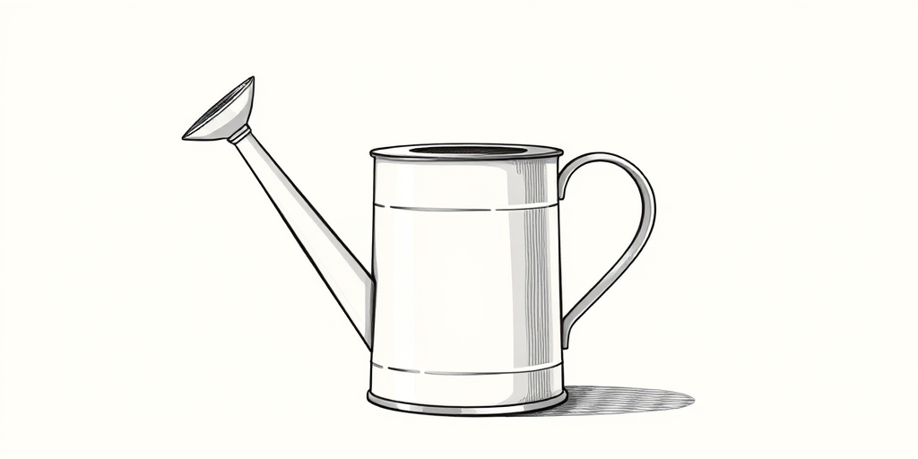 create a detailed illustration of a watering can with a spout, focus on smooth lines and a clean outline, use a 50mm lens, aperture f/2.8, ISO 100, shot from a slightly elevated angle, in a bright studio setting with soft diffused lighting