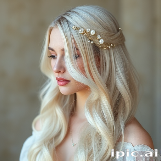 Ethereal goddess with waist-length platinum blonde hair styled in ethereal loose waves, adorned with delicate pearl and crystal hair accessories
