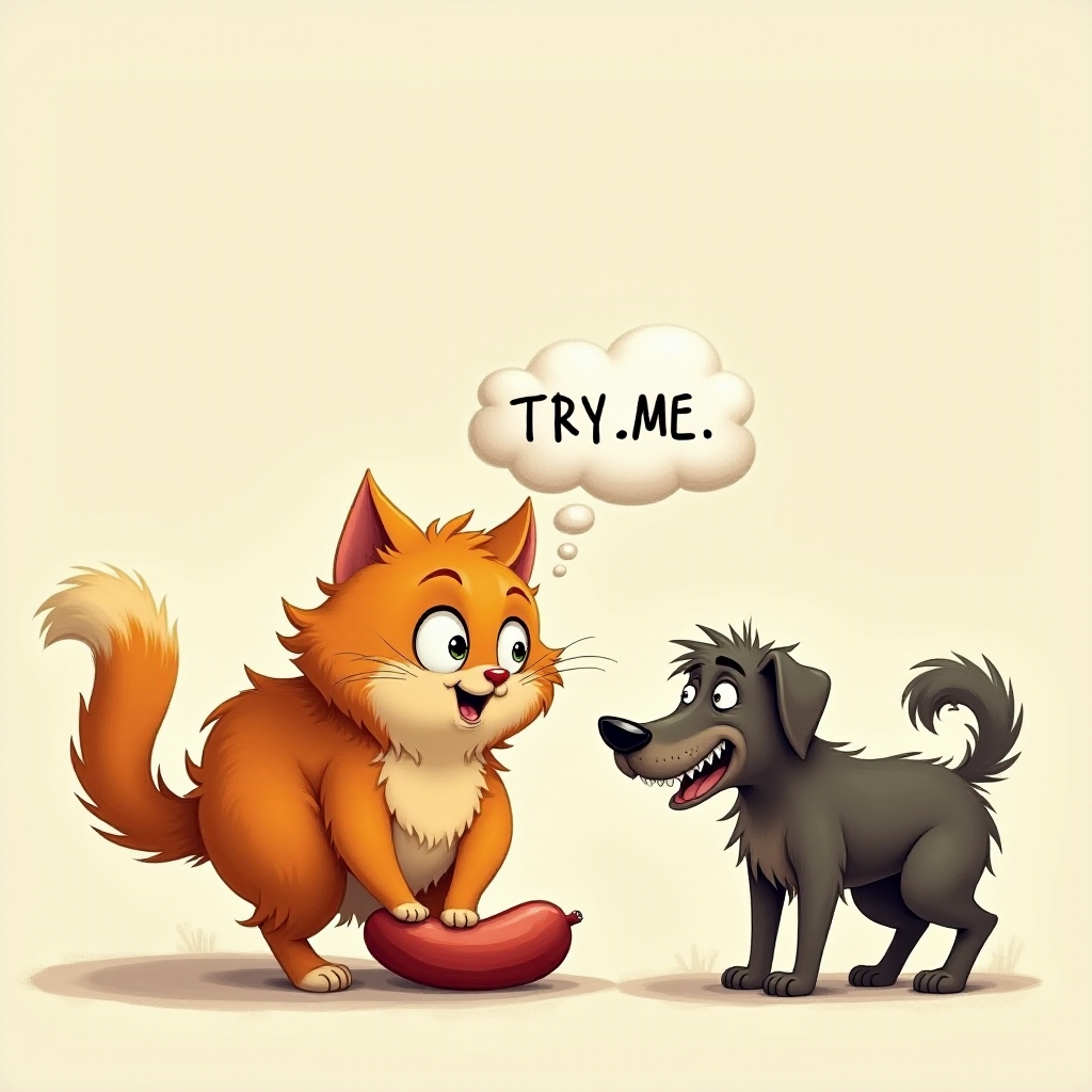 caricature of a silly whimsical fluffy cat with a mean look she has one foot on a sausage and is looking at an old scraggly big dog the cat has a thought bubble above her head that says “try,me"