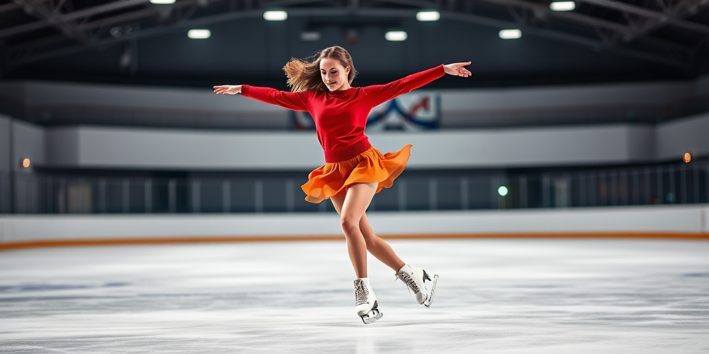 Regenerate an image of a female figure skater in a red sweater and orange skirt, performing a graceful spin on ice, shot with a DSLR camera at f/2.8, ISO 200, 1/1000 sec, 50mm lens, in a bright indoor ice rink with a shallow depth of field.