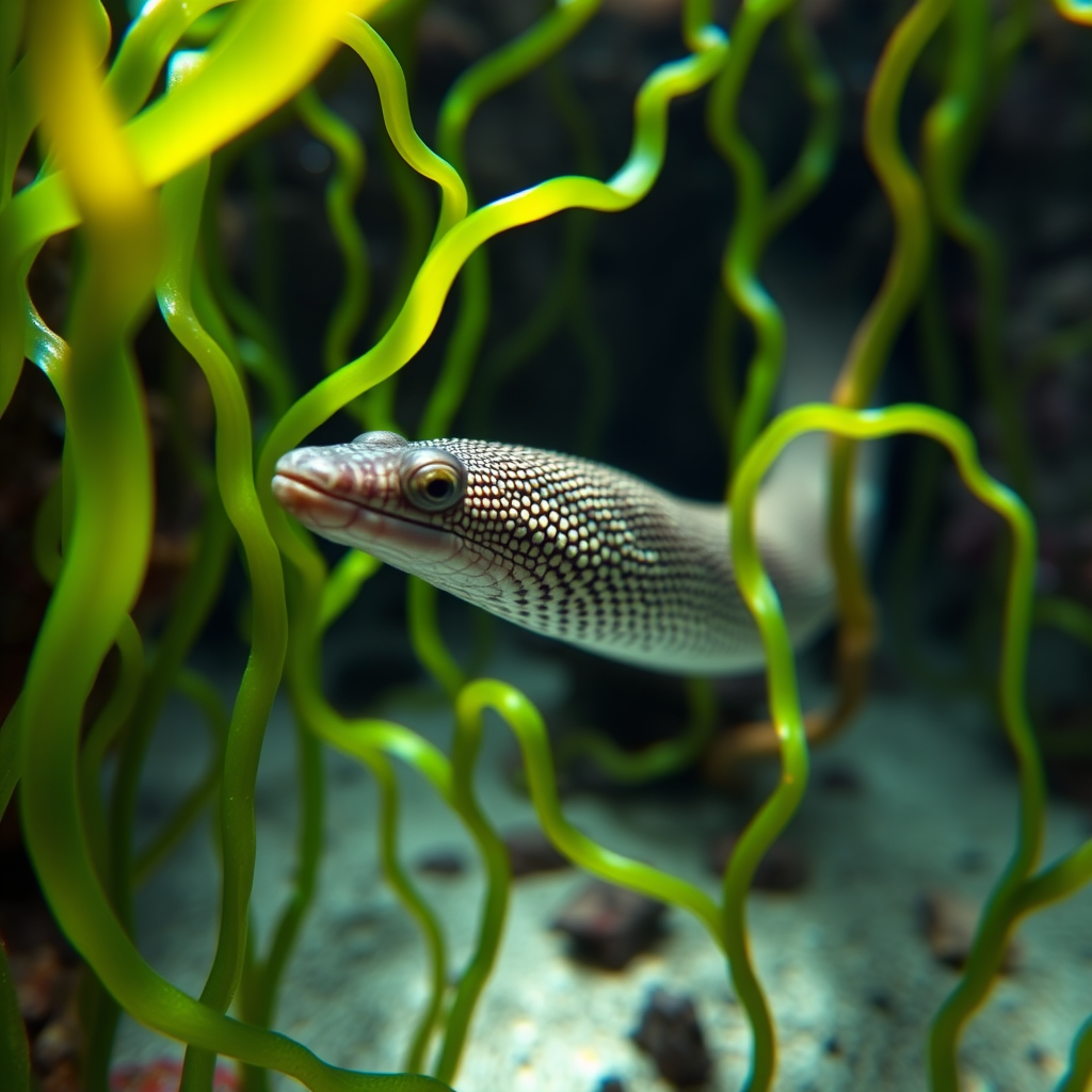 Create an underwater scene featuring a detailed eel swimming among vibrant green seaweed, captured with a DSLR camera using a 50mm lens, f/2.8 aperture, ISO 200, shot in macro mode, focusing on the texture of the eel's skin and the undulating seaweed, with natural lighting to enhance colors.