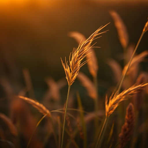 Capture a close-up shot of tall grass swaying in the wind at golden hour, using a DSLR camera with a 50mm lens, aperture set to f/1.8 for shallow depth of field, ISO 200, and a shutter speed of 1/250 sec.