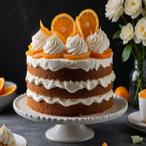 Create an image of a layered cake with multiple thin layers, topped with a generous amount of whipped cream and decorative orange slices. The cake is displayed on a white cake stand against a dark background, with some white flowers arranged around the base. The focus should be on the texture of the cake layers and the contrasting colors of the cream and orange.