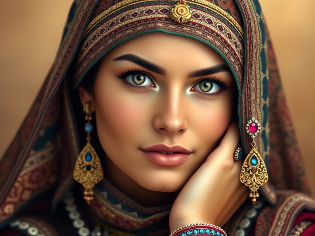 Create a portrait of a beautiful Middle Eastern woman with striking brown eyes and a gentle expression. She is adorned in traditional attire with intricate patterns, including a richly embroidered headscarf and matching garments. Her jewelry includes a delicate headpiece, dangling earrings, and ornate bracelets, all featuring vibrant gemstones and detailed metalwork. The background is soft and warm, enhancing the rich colors of her outfit and jewelry.