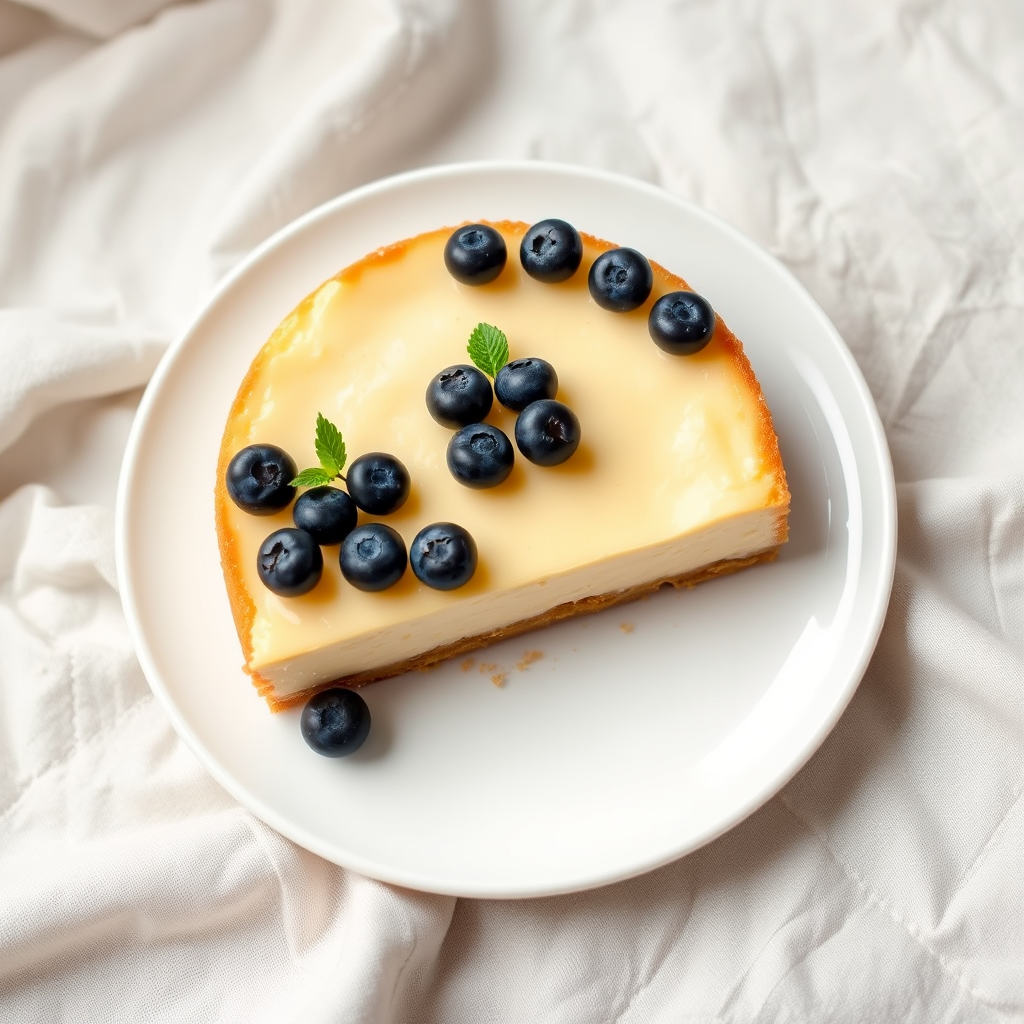 Create an image of a delicious cheesecake with a golden crumb crust topped with fresh blueberries and small green leaves arranged neatly on a white plate placed on a soft textured fabric background.