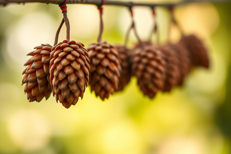 macro shot of hanging seed cones on a branch with soft blurred background, f/2.8 aperture, 1/100 sec shutter speed, ISO 200, natural light, DSLR camera, shallow depth of field, focus on the cones