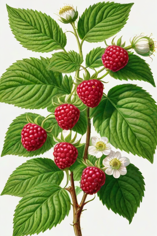 create a detailed illustration of a raspberry plant with vibrant red raspberries, lush green leaves, and delicate white flowers, all on a simple white background.