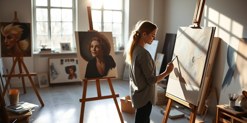 Quiet art studio, sunlight streaming through large windows, a woman stands in front of an easel, paintbrush in hand, carefully applying bold strokes to a canvas.