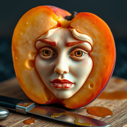 A hyperdetailed photorealistic macro color saturated high resolution image of a peach cut in half, with the peach pit being a highly detailed sculpted woman's face with her eyes open and peach-colored irises. The face has a marble texture. The image includes condensation, moisture, and peach juice. The peach is on a wooden cutting board with a small fruit knife nearby, also covered with juice.