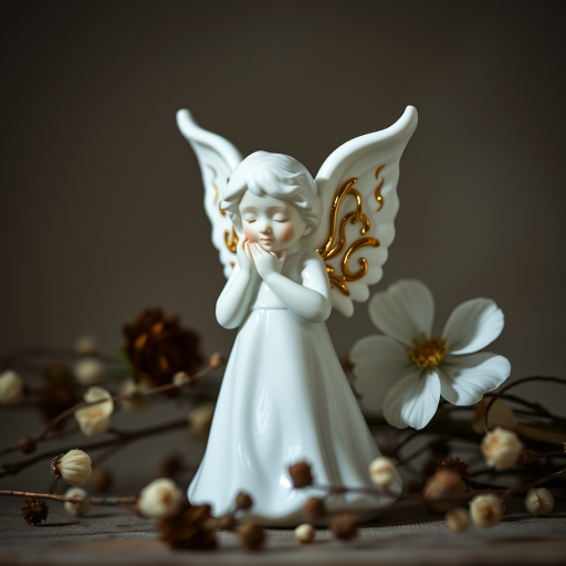 Create a low-light still life photograph of a porcelain angel figurine with a gold accent, surrounded by dried flowers, using a canon EOS R5 camera, 50mm lens, aperture f/1.8, ISO 400, shutter speed 1/60s, with a soft focus background and dramatic lighting.