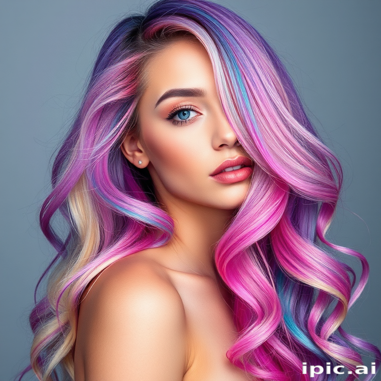 Captivating woman with a bold rainbow-colored mermaid hairstyle, featuring long cascading waves in a mesmerizing blend of pastel hues and iridescent highlights