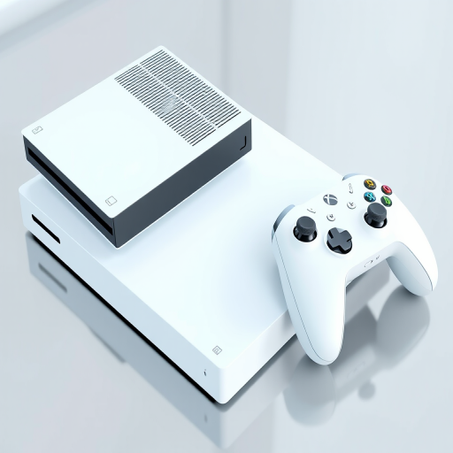 Create a hyper-realistic 3D rendering of a sleek gaming console, a modern wireless keyboard, and a white gaming controller, with a soft reflective surface, using a Canon EOS R5 camera, 50mm lens at f/1.8 aperture, ISO 100, and a softbox for even lighting.