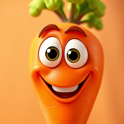 Create a vibrant, cartoonish smiling carrot character with large expressive eyes and green leafy top, shot with a Canon EOS R5, 50mm lens, aperture f/1.8, ISO 100, in a bright and colorful studio setting to enhance the image quality.