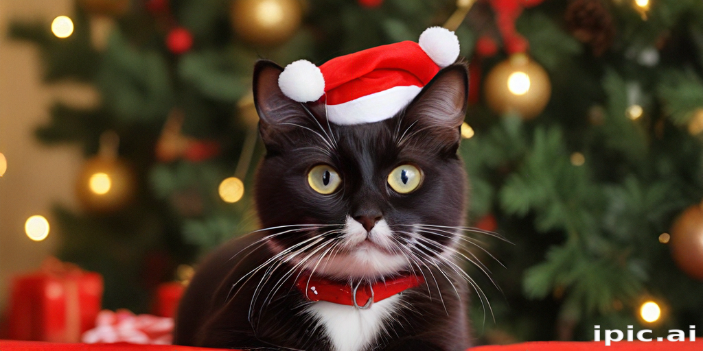 A Festive Cat Wearing a Santa Hat Surrounded by Christmas Decorations.