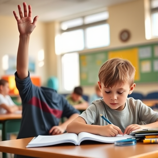 a classroom scene with young children engaged in learning, one boy raising his hand while the other focuses on his work, warm natural lighting, wide-angle view, shallow depth of field, DSLR camera, 50mm lens, aperture f/1.8, ISO 200, shutter speed 1/200s