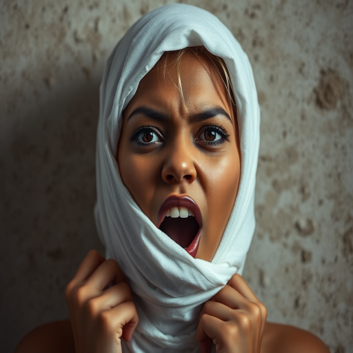 Create a close-up photographic image of a Indo-Caribbean woman with light skin tones shown against an old, worn wall. Their head is wrapped in a white cloth covering (i.e.... parts of the head except the nose and mouth, which are open as if they are screaming...), with a slight texture and visible folds in the fabric. Thin strands of blonde hair escape from the wrapping above, falling lightly at the top and sides. Their hands hold the fabric as if they are tugging nervously. The lighting is dramatic and even, casting strong shadows. The image has a minimalist and surreal style with an emphasis on simplicity with soft color tones. The composition is centered.