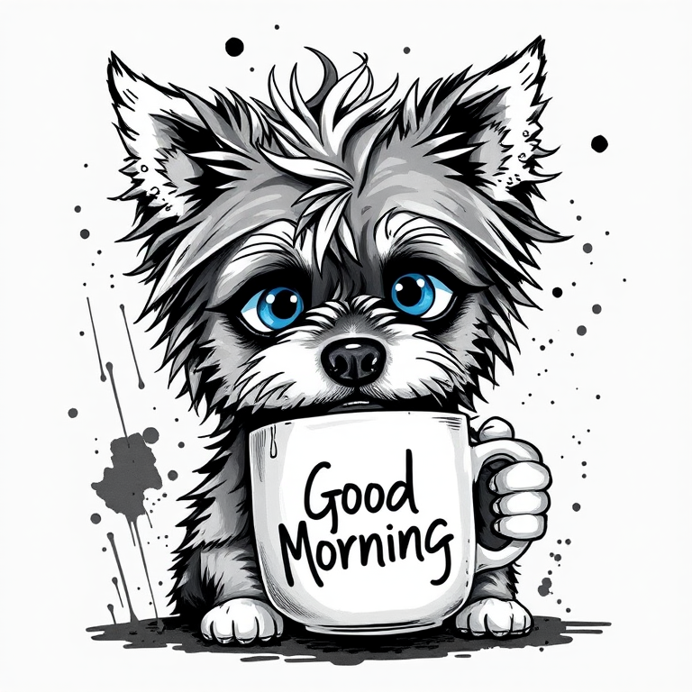 A quirky, artistic illustration of a disheveled chinaranian dog breed with exaggerated, large eyes and spiky fur, holding a coffee mug that reads "Good Morning". The dog has a tired but humorous expression, with ink splatters and abstract details surrounding it, giving a whimsical feel to the image. The color palette is mostly monochrome with hints of blue in the eyes and steam rising from the mug, enhancing the overall sleepy vibe