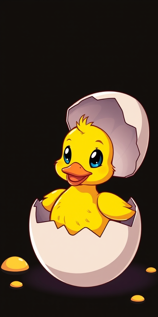 Create a vibrant cartoon image of a yellow duckling emerging from an eggshell, bright colors, high contrast, digital illustration style, close-up view, 300 DPI for high resolution, soft lighting, no background distractions.