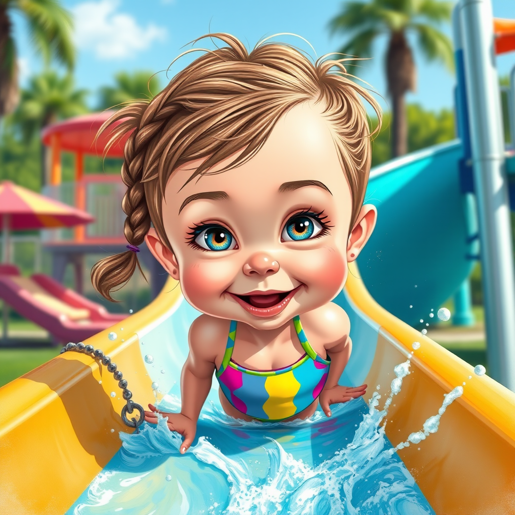 A sassy caricature toddler girl with medium highlighted hair in a messy braid, light eyes, fluffy long lashes, silly funny faces, wearing a colorful swimsuit, going down a waterslide face first, lots of water, created in highlighted chalk style, vibrant colors, background is a park with acrylic paint, airbrush