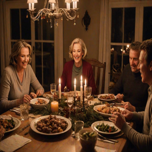 Warm, intimate photo of a family gathered around a dining table for a holiday meal, soft glow from candlelight casting warm shadows on their faces, the smell of roasted food filling the air, laughter and conversation frozen in the moment.