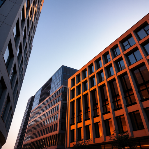 Captivating architectural shot of modern buildings in warm evening light, with focus on clean lines and geometric shapes, shot with a DSLR camera at f/8, ISO 100, 1/200 sec, using a wide-angle lens at 24mm, natural lighting, slightly elevated angle.