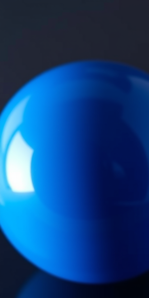 Create a high-resolution image of a shiny blue sphere with a smooth surface, captured with a DSLR camera at f/2.8 aperture, ISO 100, and 50mm lens, using a soft-focus background to enhance the sphere's prominence.