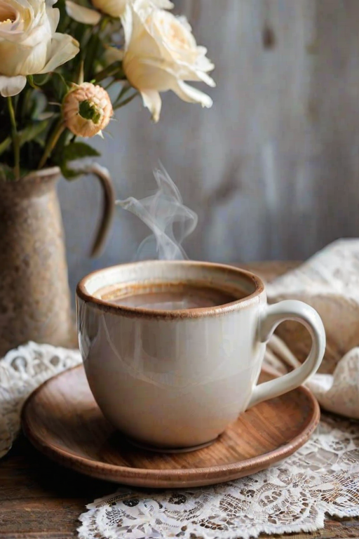 Close-up of a beautiful handmade ceramic mug filled with steaming coffee, set on a rustic wooden table, with a delicate lace tablecloth and a small vase of fresh flowers nearby.