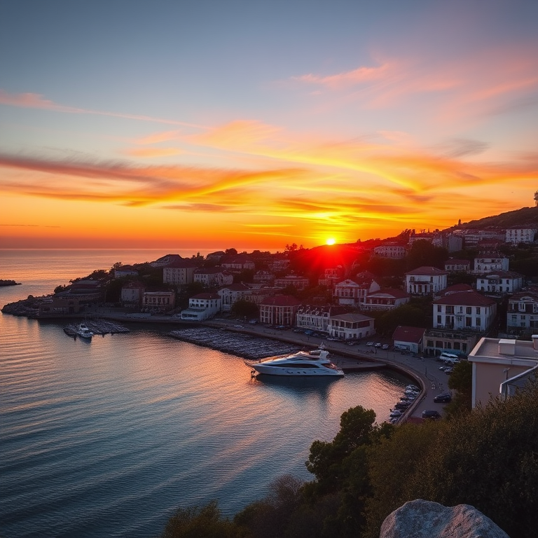 Capture a scenic view of a coastal town at sunset with vibrant colors reflecting on the water, using a Canon EOS R5, 24mm lens, f/8 aperture, ISO 100, at golden hour for warm lighting, with a focus on the waterfront and buildings along the shore.