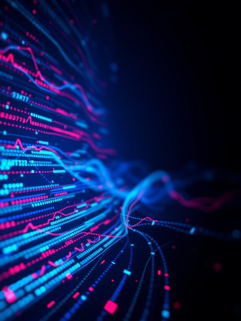 Generate a high-resolution abstract digital background with glowing blue and red data streams flowing through a dark space, using a wide-angle lens at f/2.8, ISO 100, 1/60s shutter speed, photographed with a DSLR camera.