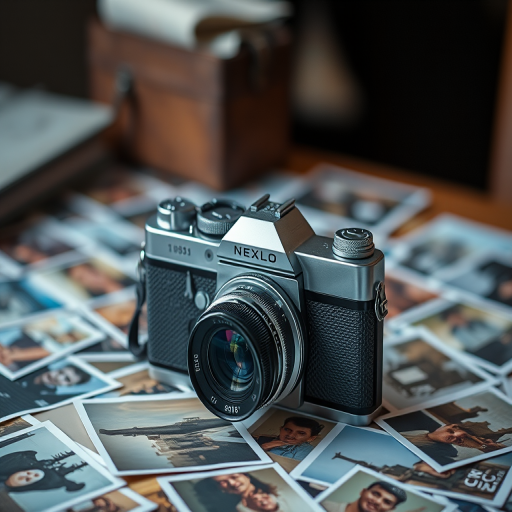 Regenerate an image of a vintage camera placed on a table surrounded by scattered photographs, with a depth of field effect, using a DSLR camera with a 50mm lens, aperture set to f/1.8, ISO 100, and a shutter speed of 1/125s for enhanced clarity and detail.