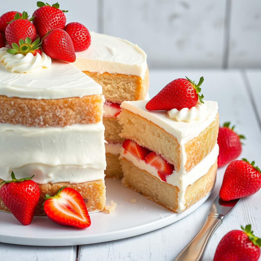 Generate an image of a beautifully layered cake with fresh strawberries on top. The cake should have a light, fluffy texture and be decorated with whipped cream. A slice should be cut out to reveal the layers and strawberries inside. The setting should have a clean, rustic background with a silver serving knife beside the cake.
