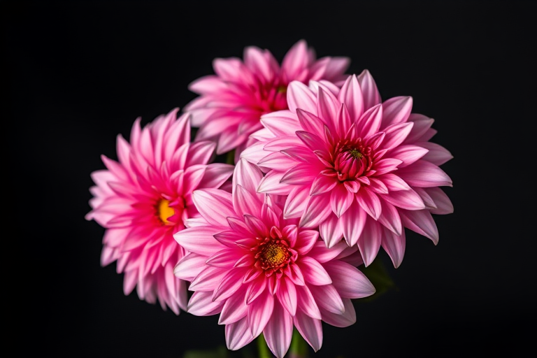 a vibrant arrangement of pink and white dahlias against a soft-focus black background, taken with a 50mm lens at f/2.8, ISO 100, and a shutter speed of 1/200 sec, using a DSLR camera with a macro style for enhanced detail and depth
