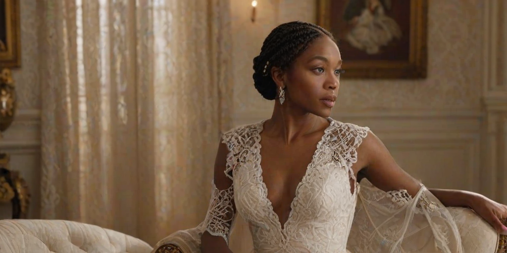 Create a portrait of a refined and elegant African American woman seated in a sophisticated setting. She has long, wavy hair styled in two thick braids that are pulled over her shoulders. She wears a white, lace gown with intricate patterns, featuring a deep V-neckline and short sleeves. The dress exudes a vintage charm with its delicate lacework. She is adorned with ornate, dangling earrings that add a touch of glamour to her appearance. The background is softly lit, with warm, ambient lighting that creates a cozy and inviting atmosphere. Her expression is poised and serene, capturing a sense of grace and elegance.