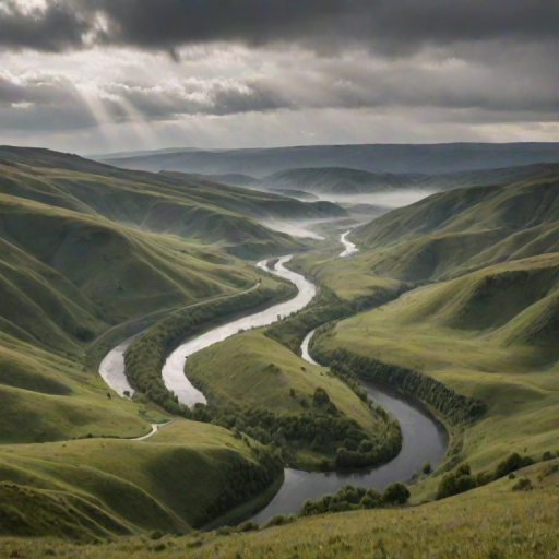 a misty valley landscape with rolling hills and a winding river under cloudy skies