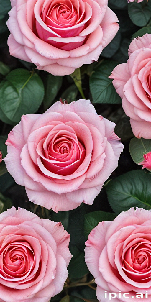 Beautiful Pink Roses Surrounded by Lush Green Leaves in Full Bloom