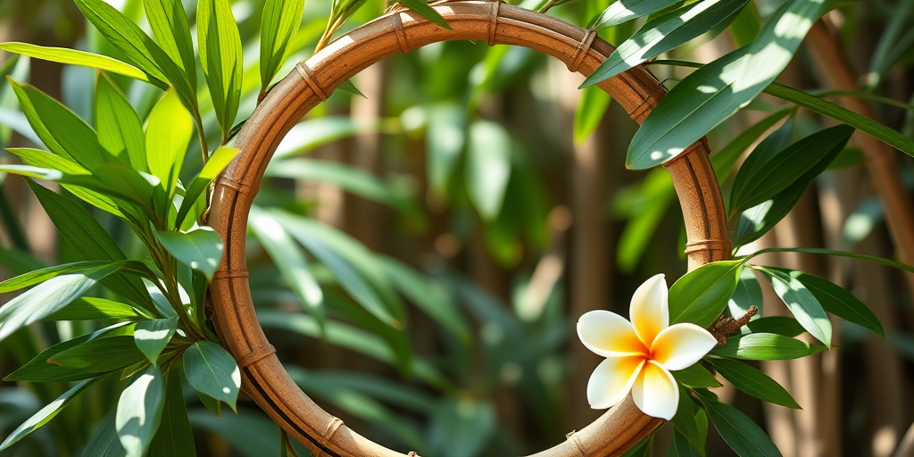 Create an image of a circular bamboo frame adorned with green leaves and a plumeria flower, shot with a Canon EOS R5, 50mm lens, f/2.8 aperture, ISO 100, in natural lighting and a shallow depth of field for enhanced detail and clarity.