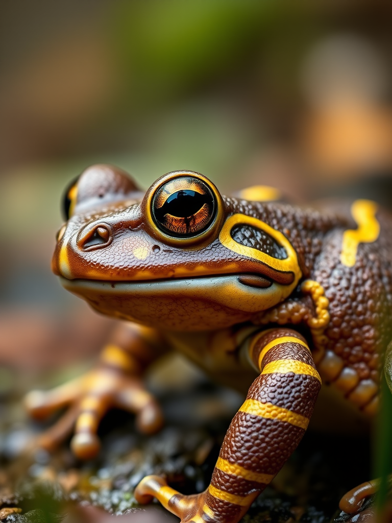Capture a close-up of a textured frog with vibrant yellow stripes against a blurred natural background, using a Canon EOS 5D Mark IV, 100mm f/2.8 macro lens, aperture f/2.8, ISO 200, and a shutter speed of 1/200 sec for optimal clarity and detail.