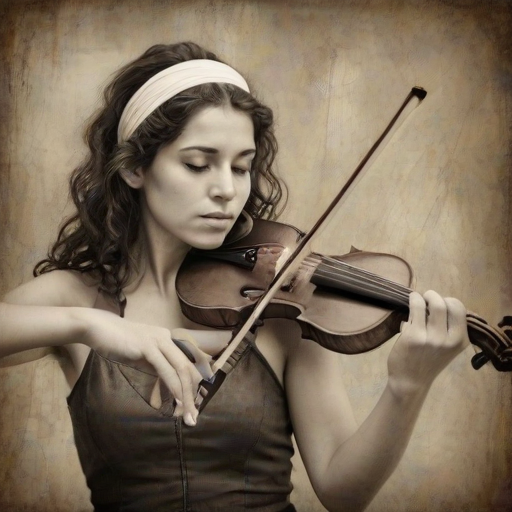 a young Ashkenazi woman with a white headband playing a violin, in the style of a charcoal drawing, sepia grunge background