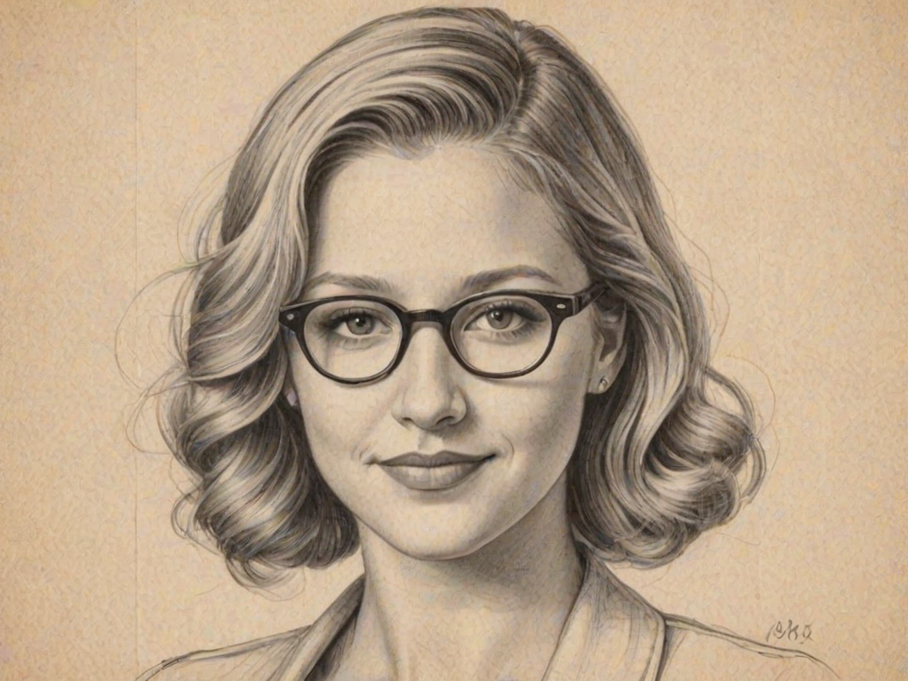 Graceful Vanessa Ray, pencil sketch, portrait of Lovely woman 1938s in glasses, hair style beatnik, outline, clear lines, fine lines, 8k