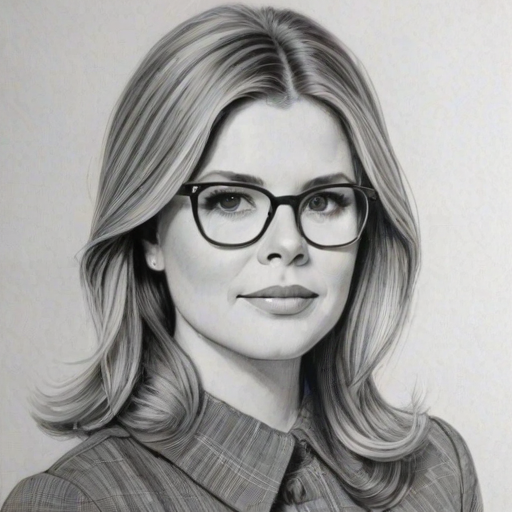 Bewitching Jenna Bush Hager, pencil sketch, portrait of Fetching woman 1964s in glasses, hair style beatnik, outline, clear lines, fine lines, 8k