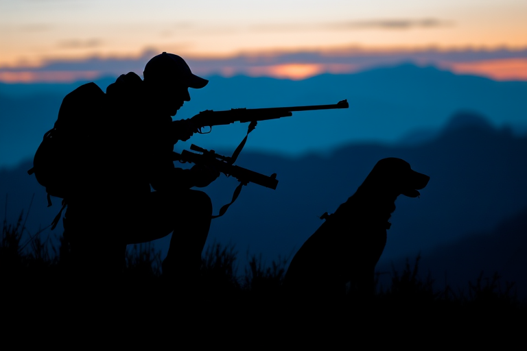 capture a silhouette of a hunter with a rifle and a dog against a blue mountain backdrop at dusk, use a DSLR camera with a 50mm f/1.8 lens, aperture f/8, ISO 200, shutter speed 1/250, shot from a low angle to enhance foreground detail and depth in the landscape