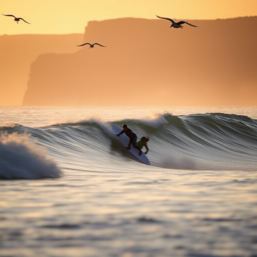 Blurry action shot of a surfer riding a wave at dawn, soft golden light from the rising sun casting long shadows on the water, with seagulls flying overhead and distant cliffs barely visible through the mist.