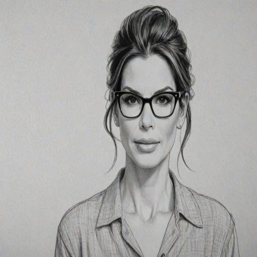 Appealing Sandra Bullock, pencil sketch, portrait of Captivating woman 1956s in glasses, hair style beatnik, outline, clear lines, fine lines, 8k