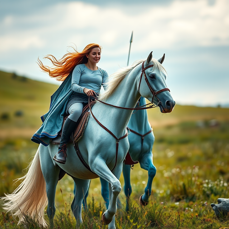 Create an image of a fantasy scene featuring a woman on a white horse and a man on a blue horse, shot with a Canon EOS R5, 50mm lens, f/1.8 aperture, ISO 100, 1/200 sec shutter speed, with a shallow depth of field and vibrant colors.