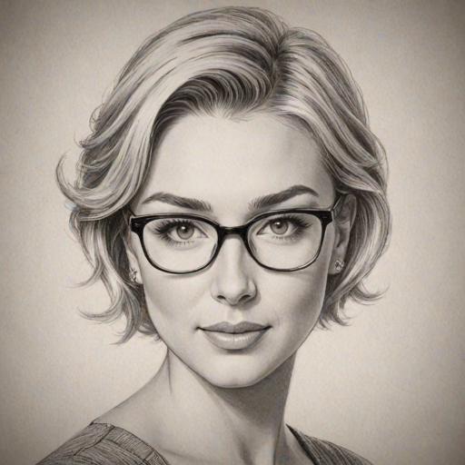 Graceful Chelsea Kane, pencil sketch, portrait of Resplendent woman 1956s in glasses, hair style beatnik, outline, clear lines, fine lines, 8k