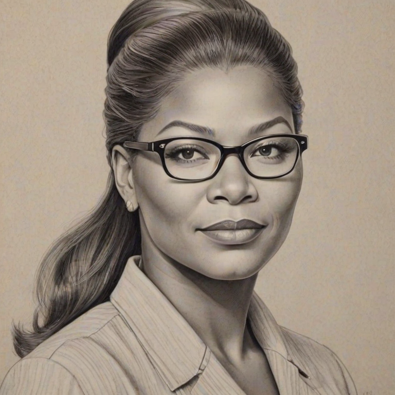 Alluring Queen Latifah, pencil sketch, portrait of Enchanting woman 1959s in glasses, hair style beatnik, outline, clear lines, fine lines, 8k