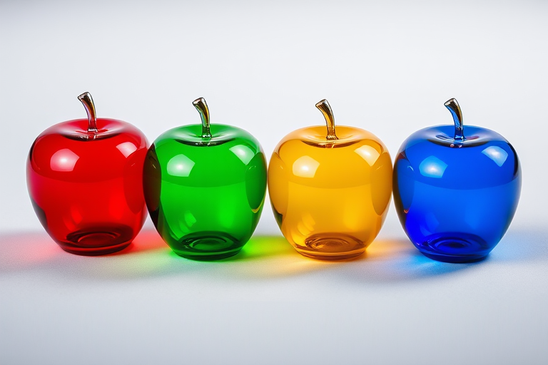 Create a high-resolution image of four glass apples in red, green, yellow, and blue arranged on a soft gray background, shot with a DSLR camera at f/5.6, ISO 100, 50mm lens, with a soft focus effect to enhance the glass texture and reflections.