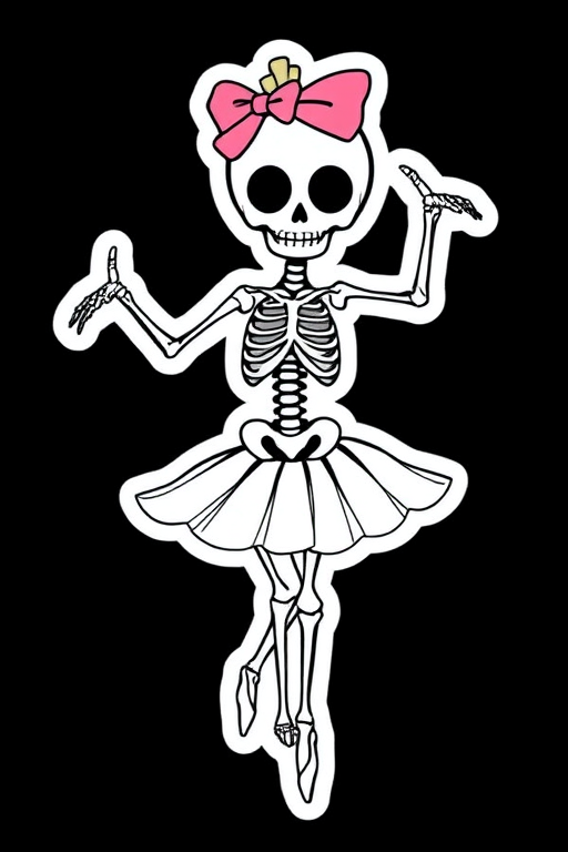 generate a kawaii Skeleton ballerina sticker, 3d digital art, black background, sticker line weight
