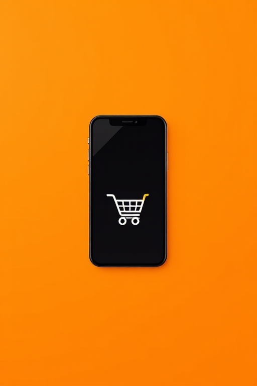 A digital illustration of a smartphone with a shopping cart icon on the screen, set against a bright orange background, using a top-down view with a 50mm lens, aperture f/2.8, ISO 100, and soft lighting for enhanced quality.