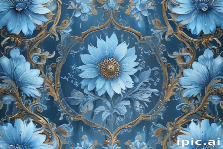 Intricate Blue Floral Pattern with Elegant Gold Accents and Textures